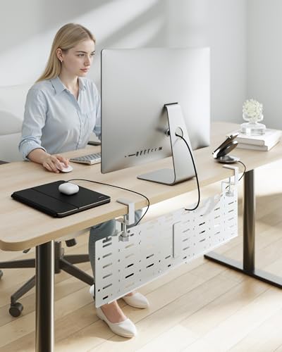 PEGZONE Under Desk Cable Management Tray, 30.2" No-Drill C-Clamp Pegboard - color: White