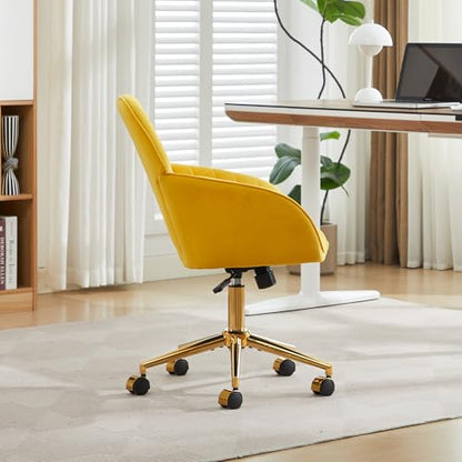 YITAI Velvet Office Desk Chair with Wheels and Gold Base,Modern Height Adjustable 360 Degree Swivel Upholstered Vanity Chairs with Arms for Living Room Bedroom, Study,Yellow - color: Gold Yellow