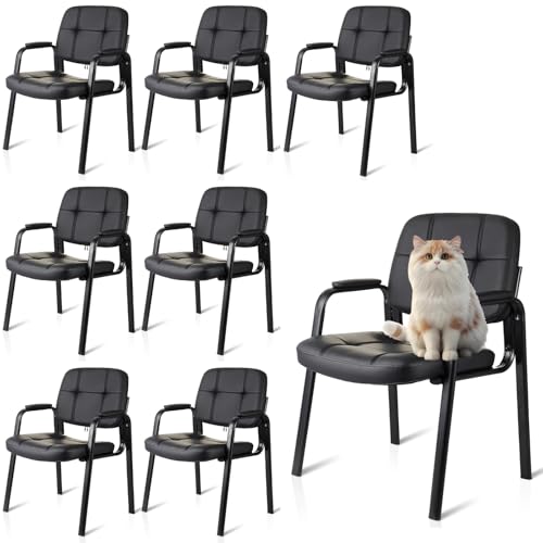 CLATINA Waiting Room Chairs No Wheels Set of 8, Stationary Leather Office Reception Guest Chair with Padded Arms for Elderly Desk Conference Room Lobby Table Side Salon - color: Black, size: 8 Pack