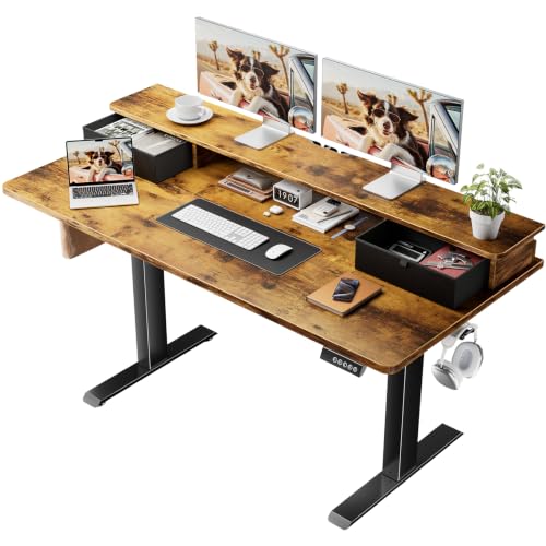 Veken 55x26 in Electric Standing Desk with Drawers, Adjustable Table, Brown | Stand up Computer Desk for Home Office, Work & Study, with Storage, 3 Memory Presets, Cable Organizer, Hook, and Quiet Lift. - color: Brown, size: 55×26 Inch