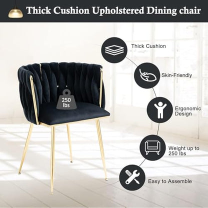 NIOIIKIT Modern Velvet Dining Chairs Hand Weaving Accent Chairs Living Room Chairs Upholstered Side Chair with Golden Metal Legs for Dining Room Kitchen Vanity Living Room (Black) - color: Black