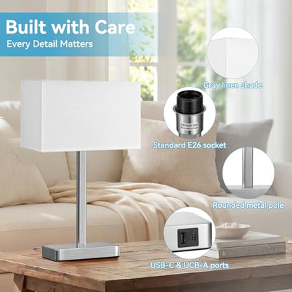 Touch Lamps for Bedroom Set of 2, 3 Way Dimmable White Bedside Table Lamp | Modern Table Lamp for Nightstands, White Nickel Desk Lamp for Home Office, with USB C+A, End Tables Bed Side, Bulb Included - color: C. White&Nickel