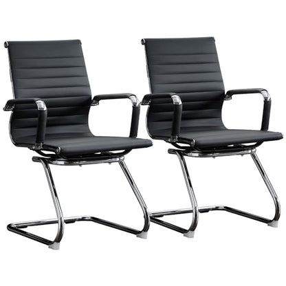 Office Guest Reception Chair Set of 2, Conference Room Chairs Waiting Room Chairs 2 Pack, Modern Leather Office Desk Chair No Wheels.（Black） - color: Black, size: 2 Pack