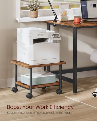 VASAGLE 2-Tier Printer Stand with Locking Wheels, Under Desk Printer Table - color: Rustic Brown + Ink Black, size: 2 Tiers/Compact