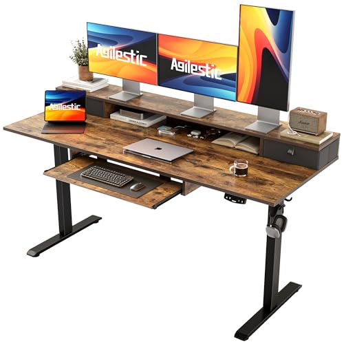 Agilestic 63 Inch Standing Desk with Drawers & Keyboard Tray, Rustic Brown - color: Rustic Brown, size: 63 x 24 Inches with 2 drawers and keyboard tray