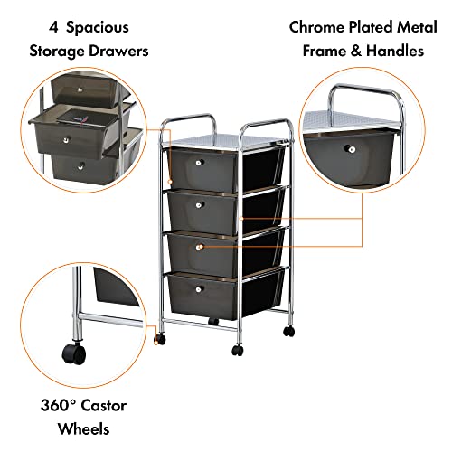VonHaus 4 Drawer Plastic Storage Trolley, Multipurpose Storage Drawer Rolling Cart, Unit Home Office Stationery Organisation, Make-up, Beauty - Mobile Design 4 Tier Shelving and Castor Wheels - Black
