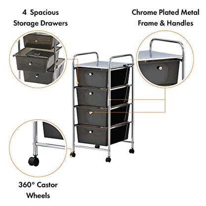 VonHaus 4 Drawer Plastic Storage Trolley, Multipurpose Storage Drawer Rolling Cart, Unit Home Office Stationery Organisation, Make-up, Beauty - Mobile Design 4 Tier Shelving and Castor Wheels - Black