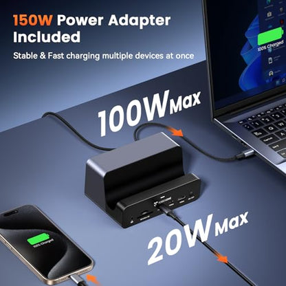 TobenONE 18-in-1 Laptop Docking Station Triple 4K with 150W Power Supply | USB C Laptop Docking Station Stand with 2.5Gbps Ethernet, 2×4K@60Hz HDMI & DP, 8 USB C/A Ports, for Windows/Dell/HP Laptops