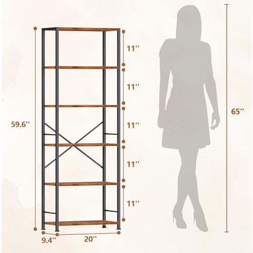 Furologee 6 Tier Book Shelf, Tall Wide Bookshelf, Industrial Open Bookcase, Display Shelves Storage Organizer, Shelving Unit for Living Room, Home Office, Bedroom, Rustic Brown | 20'' Wide Industrial Storage Shelves with X Crossbar, Shelving Units for Bed