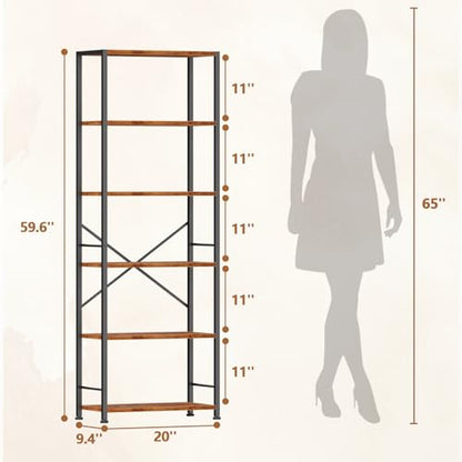 Furologee 6 Tier Book Shelf, Tall Wide Bookshelf, Industrial Open Bookcase, Display Shelves Storage Organizer, Shelving Unit for Living Room, Home Office, Bedroom, Rustic Brown | 20'' Wide Industrial Storage Shelves with X Crossbar, Shelving Units for Bed
