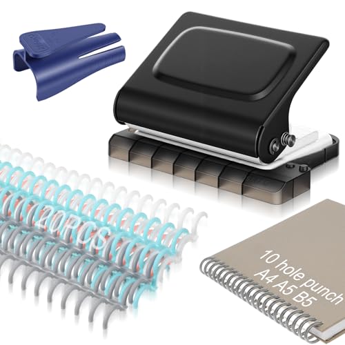 Grey 10-Hole Binding Machine for Planner with 20pcs Comb Binding Spines, Plastic Spiral Bindings Coils，30 Holes on A4,20 Holes on A5,26 Hole on B5,10 Sheet Capacity