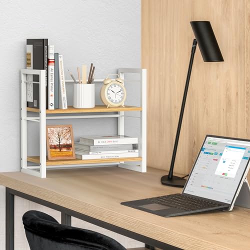 Office Desk Shelf Organizer, Wood Desktop Bookshelf Supplies Storage Rack, Shelf for Top of Desk and Dresser (White-2 Tier) - color: White