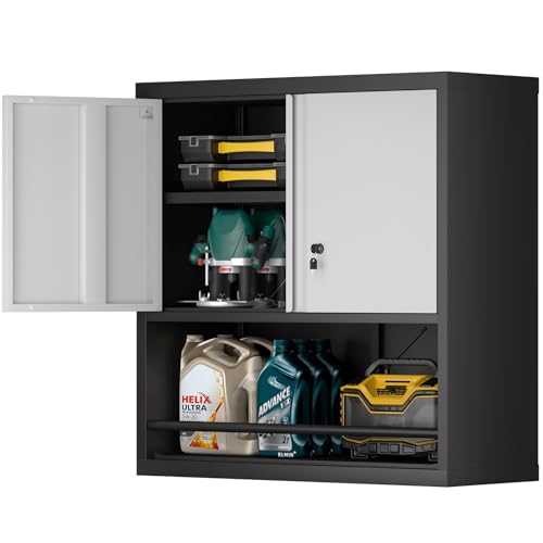 Garage Locking Cabinet, Wall Storage Cabinet with Shelves, Hanging Cabinets with Open Storage, Small Wall Cabinet, Lockable Tool Cabinet for Basement, School, Office - color: 31"h - Grey/Black