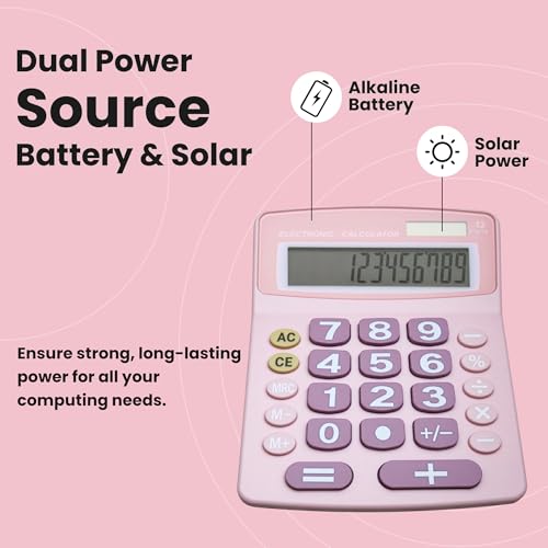 Lily' Home Jumbo 12 Digit with Solar Power, Large LCD Display - Desktop Calculator, Dual Power, Large Button Design, Battery Operation, Easy-to-Read Tilted, for Home, Office, School & Business - Pink - size: 1PK-Pink
