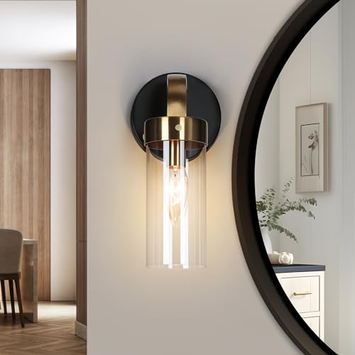 KSANA Wall Sconces, Black and Gold Wall Lights for Bedroom, Modern Glass Bathroom Wall Lamps for Living Room, Hallway - size: Fixed - Slim-Cylinder Shade