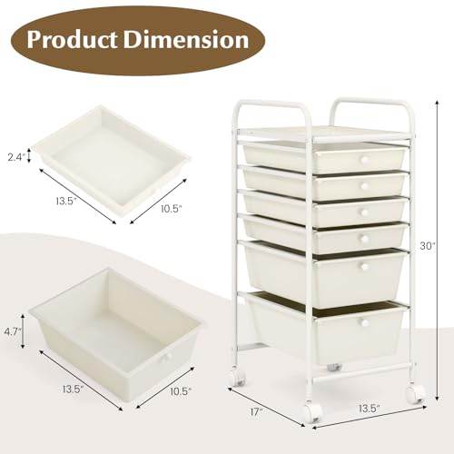 6-Tier Rolling Cart with Drawers, Storage Cart with Universal Wheel & Metal Frame, Multipurpose Mobile Trolley Utility Cart for Small Space Makeup School Office Play Room(White)