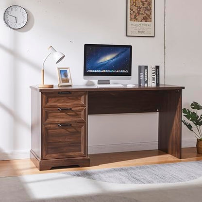 60" Farmhouse Executive Desk with Charging Station,Home Office Desk with 2 Drawers &1 File Cabinet,Wood Work Desk for Office and Home (Brown) - color: Brown