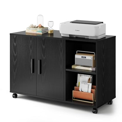 DEVAISE Office Storage Cabinet, Lateral Printer Stand, Black | Doors and Shelves, Mobile File Cabinet, Large Office Supplies and Craft Storage - color: Black