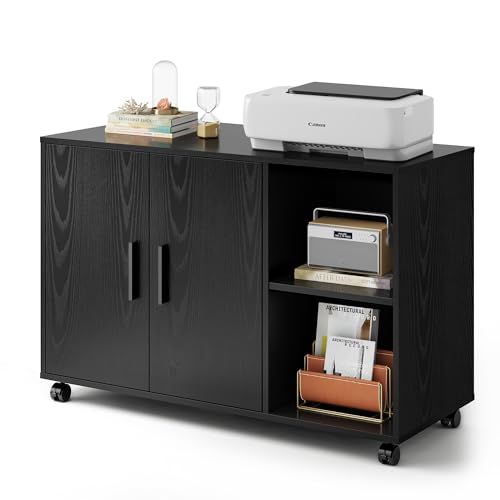 DEVAISE Office Storage Cabinet, Lateral Printer Stand, Black | Doors and Shelves, Mobile File Cabinet, Large Office Supplies and Craft Storage - color: Black