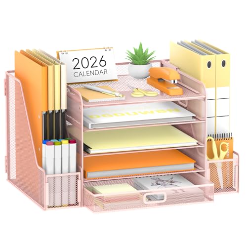 SUPEASY Mesh Desk Organizer with File Holder, 5-Tier Paper Letter Tray Organizer with Magazine Holder, Desktop Organizer and Storage with Drawer for Office Supplies Home or School (Pink) | Two side magazine holders and a bottom drawer store papers, folder