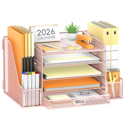 SUPEASY Mesh Desk Organizer with File Holder, 5-Tier Paper Letter Tray Organizer with Magazine Holder, Desktop Organizer and Storage with Drawer for Office Supplies Home or School (Pink) | Two side magazine holders and a bottom drawer store papers, folder