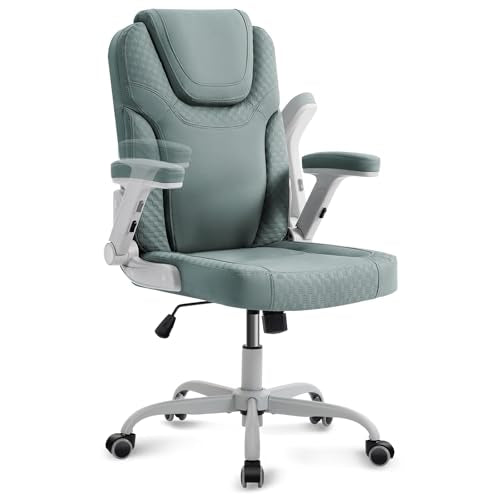 SEATZONE Cyan Office Chair Ergonomic Desk Chair with Lumbar Support, Flip-Up Arms, Adjustable Swivel Computer Chair with Wheels, PU Leather Executive Task Chair for Home Office Small Space - color: Cyan