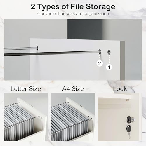 2 Drawers Storage File Cabinet with Lock & Outlet, 31.5W*29.4H | Wood Filing Cabinet for Home Office with Storage Shelves, Printer Stand & Credenza, Fits A4/Letter Size, AC/USB, White Rattan