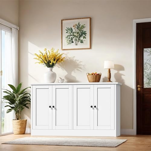 holzart White Buffet Cabinet with Storage, 49" Modern Kitchen Sideboard with 4 Doors & Adjustable Shelves, Wood Coffee Bar Cabinet Console Table for Dining Room, Living Room, Entryway - color: White, size: 4 Doors