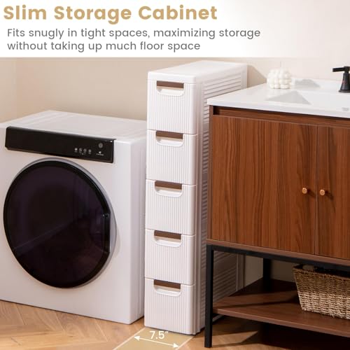 Slim Storage Drawers, Plastic Organizers w/Hidden Wheels for School Supplies, Crafts, Files & Towels, Under Table Rolling Cart for Dorm, Home & Office (7.5" x 16.5" x 36" (5 Drawers)) - size: 7.5" x 16.5" x 36" ( 5 Drawers )