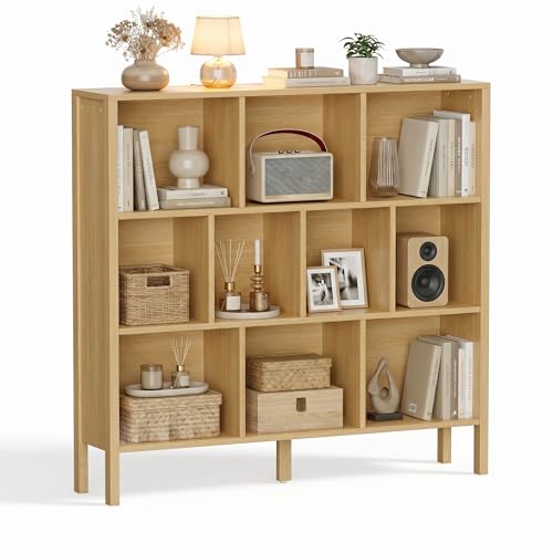KIGOTY 10 Cube Modern Bookcase, 3-Tier Open Storage Organizer, Freestanding Bookshelf with Legs, Narrow Bookcase for Living Room, Bedroom & Office (Yellow) - color: Yellow