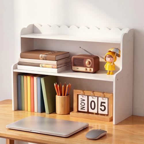 Amyhill Wooden Office Desktop Storage, 2-Tier Scalloped Tabletop Organizer Shelf for Cosmetics, Stationery, Office Supplies, Space-Saving Display Rack for Bedroom, Dorm