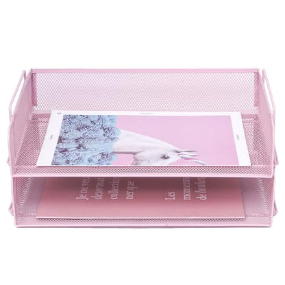 2 Pack Stackable Desk Paper Tray, Metal Mesh Desktop Document Letter File Organizer for Office Home School, 13.5'' L x 9.75'' W x 5.5'' H, Pink - color: 2 Pack Pink