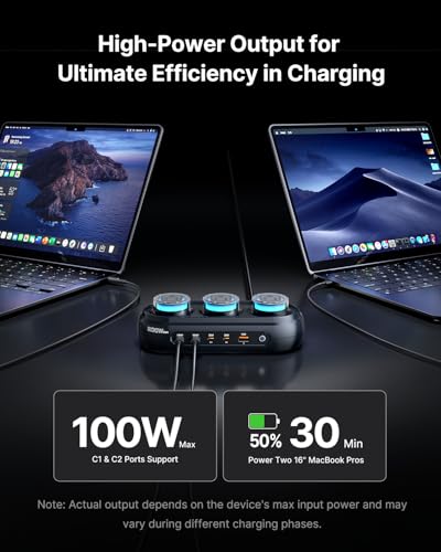 200W GaN Desktop Charging Station, 8-in-1 Desk Accessories with RGB Lights | 140W PD3.1 Fast Charger, Gaming Accessories with 3 AC 5 USB, RGB Lights with 7 Customizable Colors for Gaming & Office Setup