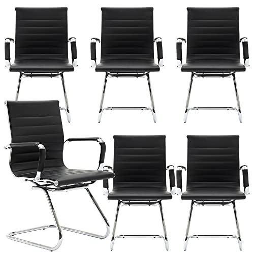 Conference Room Chairs Set of 6, Waiting Room Chairs with Arms, Faux Leather Reception Chairs No Wheels, Office Guest Chairs with Mid Back Support and Chrome Sled Base, Black - color: Black, size: 6PCS