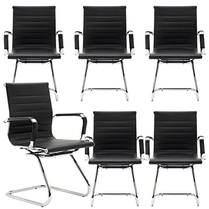 Conference Room Chairs Set of 6, Waiting Room Chairs with Arms, Faux Leather Reception Chairs No Wheels, Office Guest Chairs with Mid Back Support and Chrome Sled Base, Black - color: Black, size: 6PCS