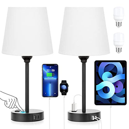 White Bedside Lamps Set 2 for Bedroom - Dimmable Touch, USB C+A, AC Outlet | 14.5" Mini Lamp, 3-Way Dimmable, LED Bulbs Included, White Barrel Fabric Lampshade, Nightstand Light for Guest Room, Kids - color: White