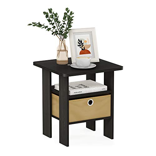Furinno ANDREY Square Side Table, End Table, Night Stand, Dark Espresso | Open Shelves, Storage Bin, Soft-Corner, Modern Bedside Table for Small Spaces, Study, Dorm, Living Room, Bedroom - color: Dark Espresso/Brown, size: 1-Pack, Center Bin