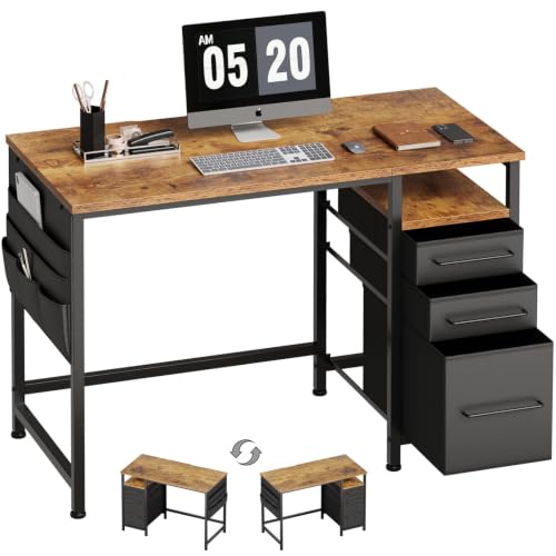 Small Desk with Drawers, Office Desk with Storage Shelves, Brown | 40 Inch Desktop, Metal Frame, 3 Fabric Drawers, Storage Shelves, Computer & Writing Desk, Office Gaming Workstation - color: Rustic Brown+black