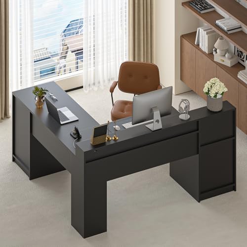 63" Farmhouse L Shaped Desk with Drawers & Printer Shelf for Home Office - color: Black