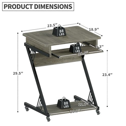 ALISENED Computer Desk for Small Spaces Compact Desk with Keyboard Tray | 23.6" Z-Shaped, with Wheels and Bottom Shelves, for Home Office, Computer Cart Mobile Laptop Cart, Grey - color: Grey