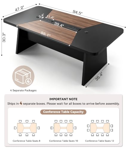 Ceridwen 8FT Conference Table, Rectangular Boardroom Table with Built-in Power & USB-C Ports, Heavy-Duty Meeting Table with Thick Tabletop & Trapezoid Legs for Office Conference Room - color: Walnut