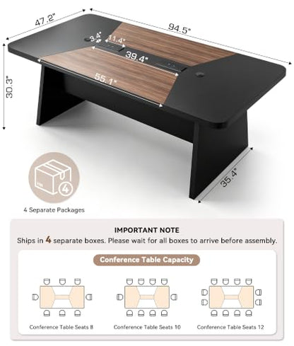 Ceridwen 8FT Conference Table, Rectangular Boardroom Table with Built-in Power & USB-C Ports, Heavy-Duty Meeting Table with Thick Tabletop & Trapezoid Legs for Office Conference Room - color: Walnut