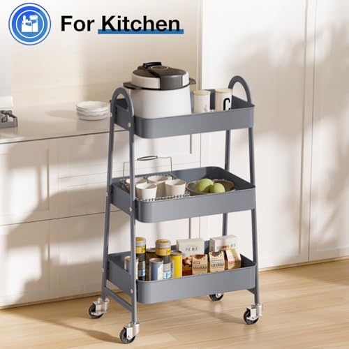 DUMOS 3 Tiers Rolling Cart, Utility Cart, Storage Organizer | Metal Lockable Wheels, Mobile Shelving Unit, Kitchen, Office, Bathroom, Laundry, Narrow Places, Gray - color: 3 Tiers Gray