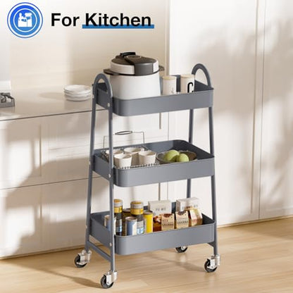 DUMOS 3 Tiers Rolling Cart, Utility Cart, Storage Organizer | Metal Lockable Wheels, Mobile Shelving Unit, Kitchen, Office, Bathroom, Laundry, Narrow Places, Gray - color: 3 Tiers Gray
