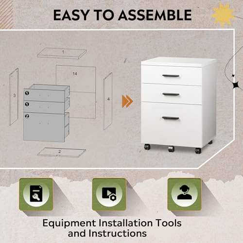 DEVAISE 3 Drawer File Cabinet for Home Office, Wood Under Desk Filing Cabinet, Rolling Printer Stand with Wheels, White - color: White, size: 15.7"D x 18.1"W x 25.6"H
