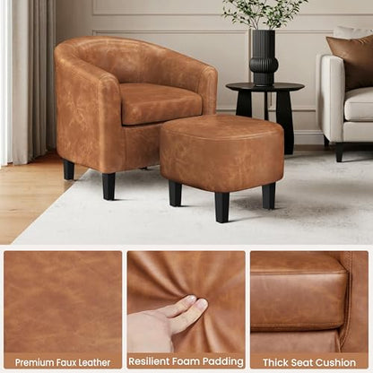 Yaheetech Accent Chairs with Ottoman, Faux Leather Barrel Chairs, Brown - color: Brown, size: Chair:25.5x 27.5 x 28''H Ottoman:18x 18.7x 15.7''H