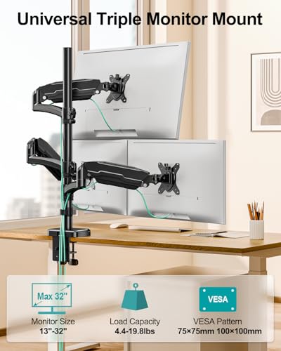 MOUNT PRO Triple Monitor Mount for Max 32" Computer Screen, Adjustable 3 Monitor Desk Mount, up to 19.8lbs Each, Three Display Arm with Tilt Swivel Rotation, VESA Mount 75x75/100x100mm - style: Max 32“ Gas Spring（stacked）