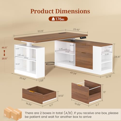 UPOSOJA L Shaped Standing Desk Adjustable Height, 53" Electric Office Desk with File Drawers & Storage Shelves, Sit Stand Corner Computer Desk with Power Outlets, Pegboard, 6 Hooks, White& Walnut - color: White, size: L Shaped