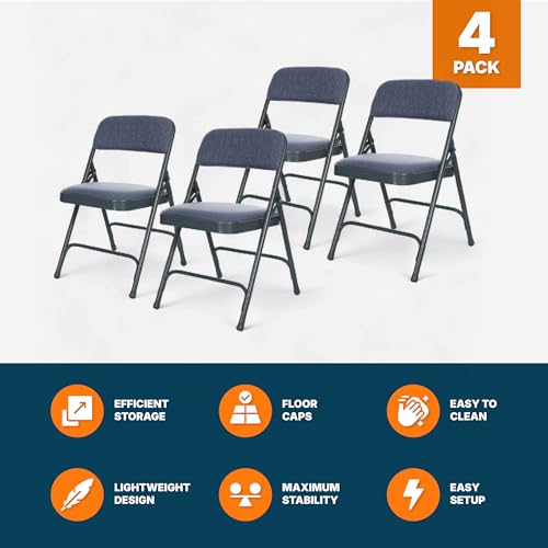 OEF Furnishings OEF2200 Series Heavy-Duty Premium Fabric Padded Upholstery Double-Hinged Folding Chairs (4-Pack, Midnight Blue) - color: Blue/Blue