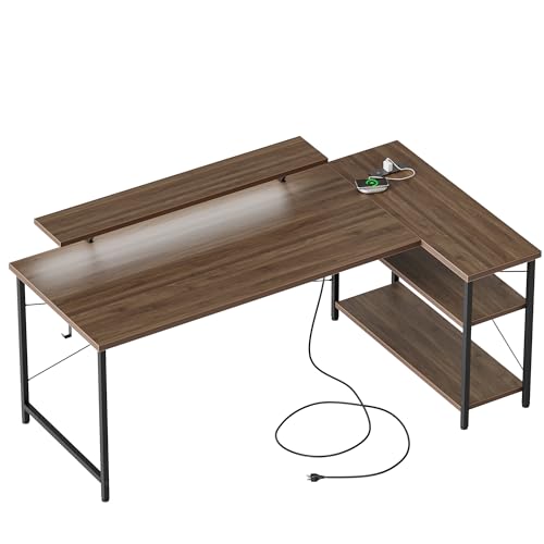 Mericonia 55 in L Shaped Gaming Desk, Large Corner Desk with Monitor Stand - color: Walnut, size: 55 inch